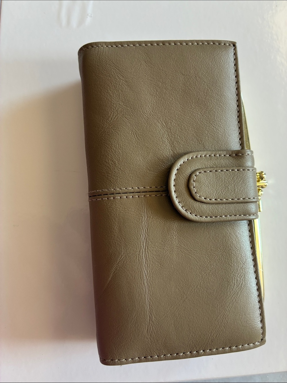 Source Unknown Taupe Leather Snap-Tab Wallet with Gold Accents